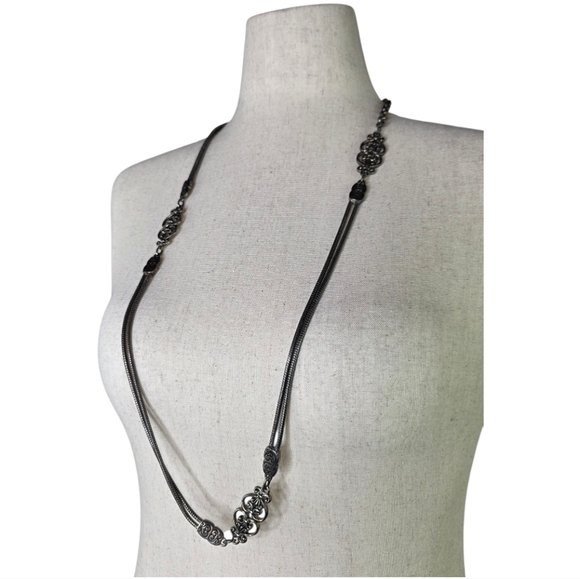 Brighton Vintage Scrollwork Necklace Heavy Chain Gunmetal Silver Contempo Style - Picture 3 of 8